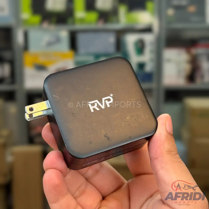 Black rectangular power adapter with two flat, parallel prongs.