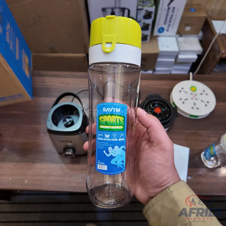 Clear plastic water bottle with a yellow and white lid.