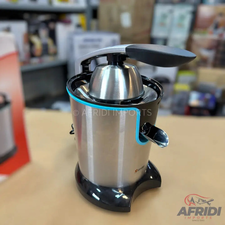 Stainless steel citrus juicer with a black base and light blue accents.