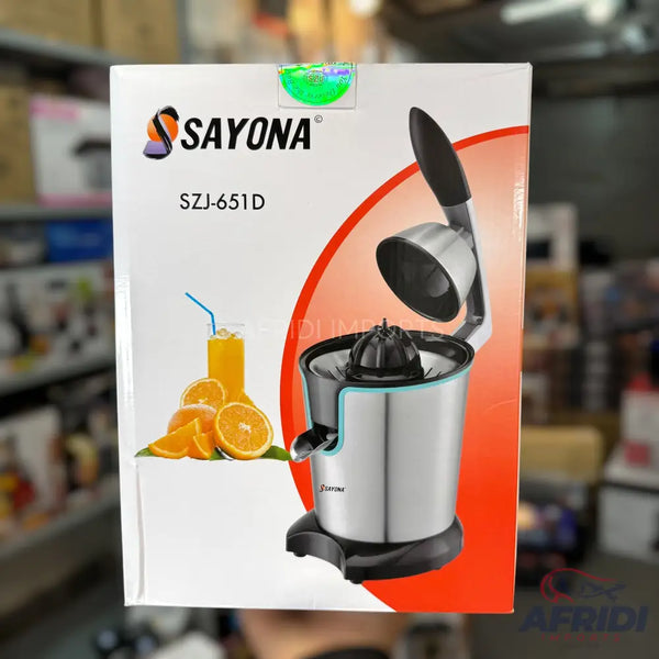 A Sayona brand citrus juicer, model SZJ-651D, featuring a stainless steel body and a lever press, designed for making fresh orange juice.