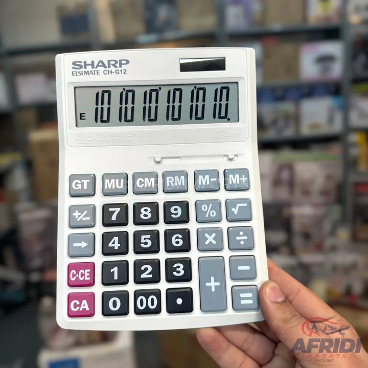 White Sharp calculator with a repeating ’10’’ on its display.