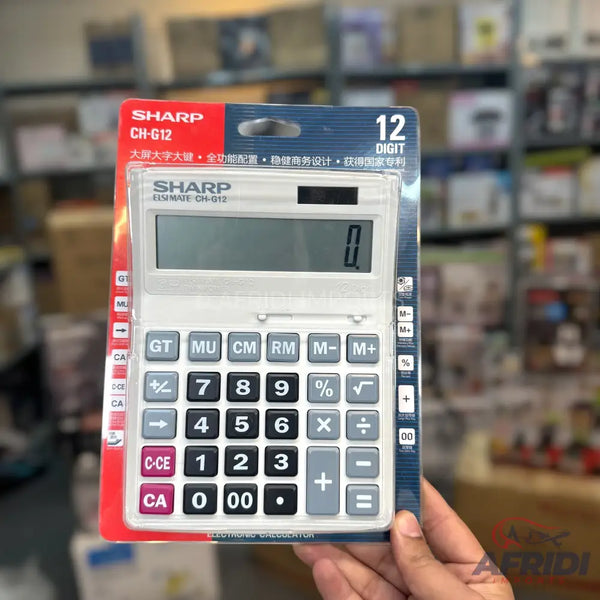 A white calculator with a 12-digit display, featuring memory functions, basic arithmetic operations, and a clear plastic casing.