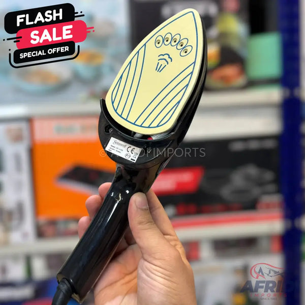 Handheld steam iron with a black handle and a cream-colored soleplate featuring steam holes and a steam symbol.
