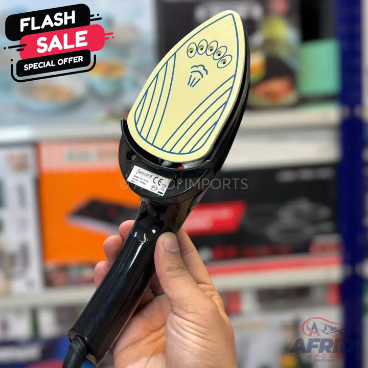 Handheld steam iron with a black handle and a cream-colored soleplate featuring steam holes and a steam symbol.