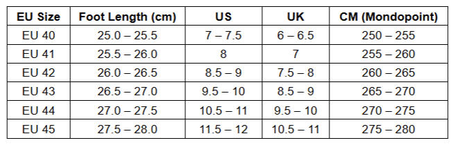 Shoe size conversion chart for military outdoor shoes and outdoor shoes in military outdoor gear