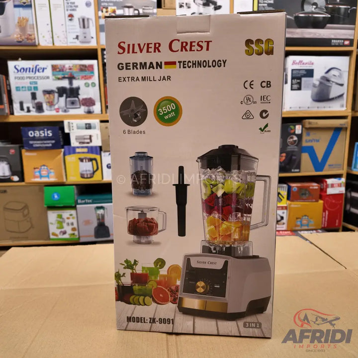 A packaged Silver Crest blender with an extra mill jar and 6 blades, boasting 3500 watts of power.