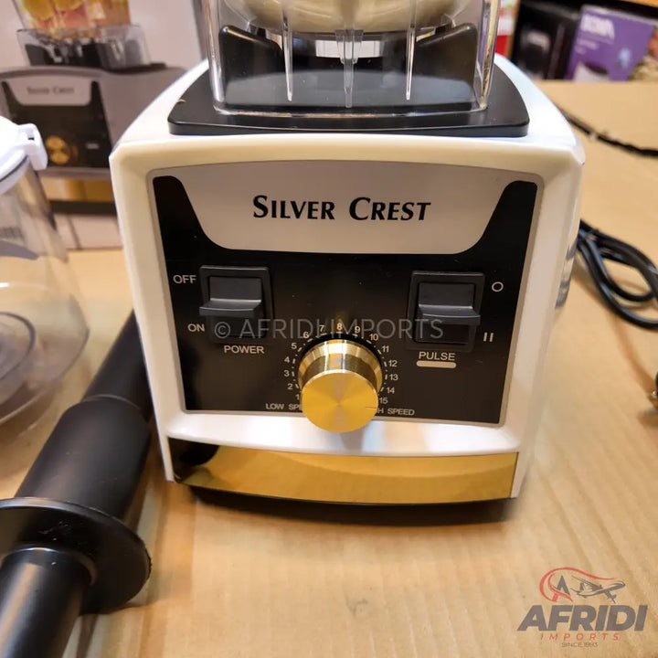 White and gold Silver Crest blender with power and pulse controls.