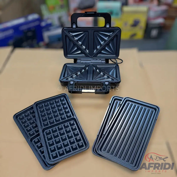A 3-in-1 sandwich, waffle, and grill maker with interchangeable plates.