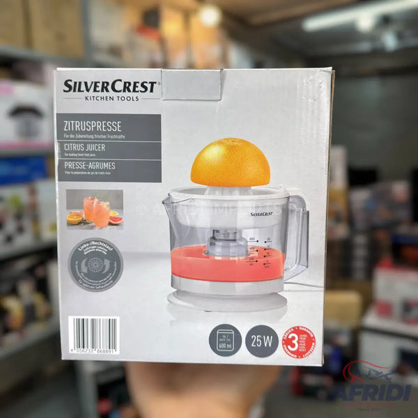 A citrus juicer, 400ml capacity, 25W power, with a 3-year warranty.