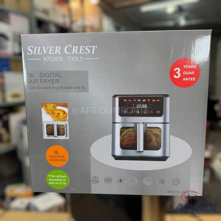 A 9L digital air fryer with dual baskets and a 3-year guarantee.