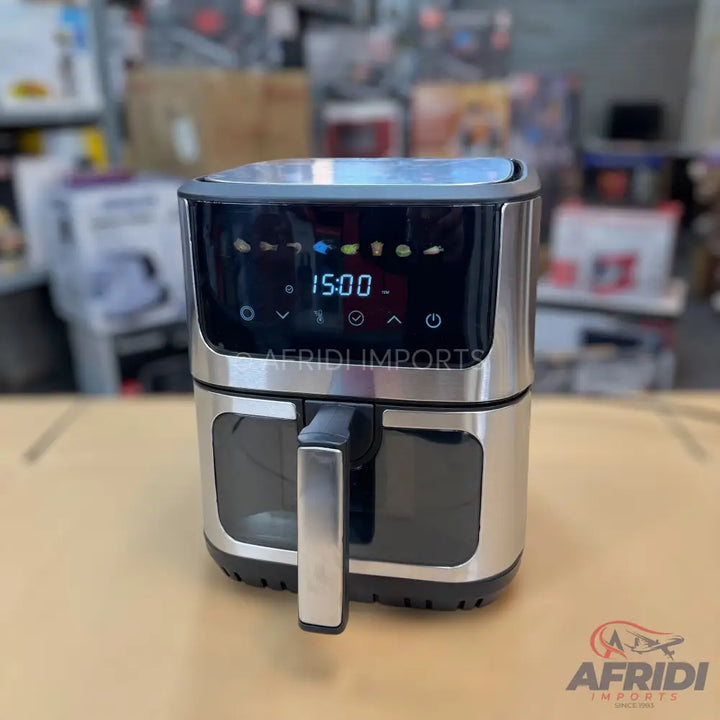 A digital air fryer with a stainless steel and black finish.
