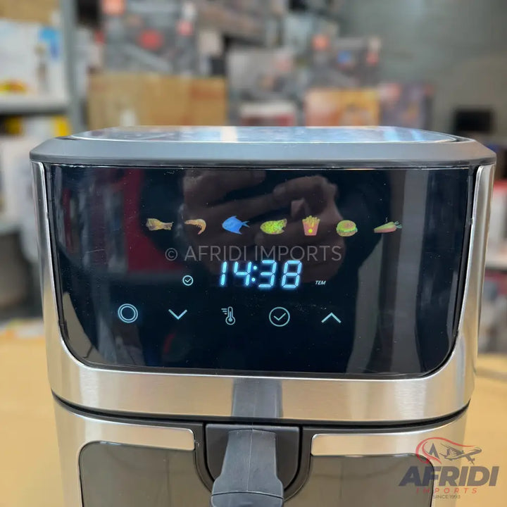 Digital display air fryer with preset cooking modes and temperature controls.