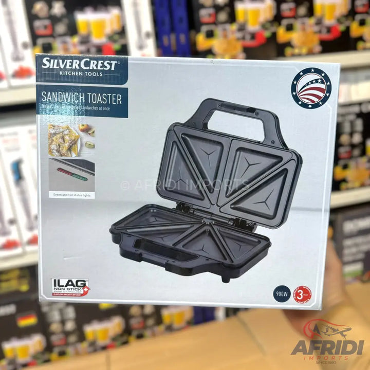 A black SilverCrest sandwich toaster with non-stick plates.