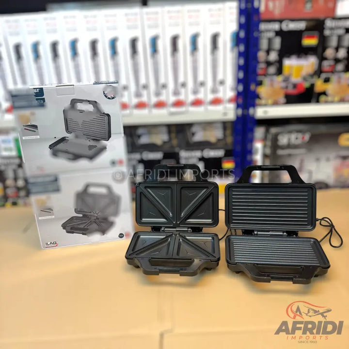 Two open electric sandwich makers, one with triangular plates and one with grill plates.