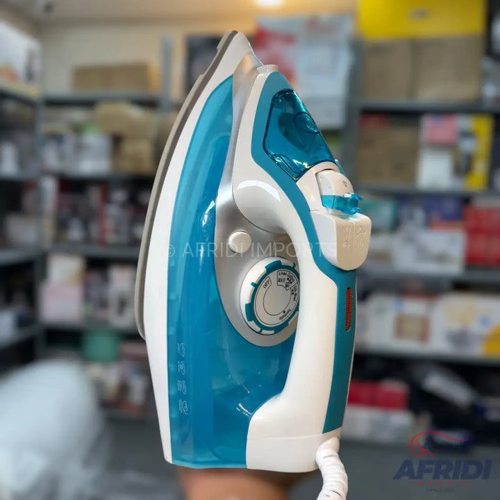 A blue and white steam iron with a temperature control dial.