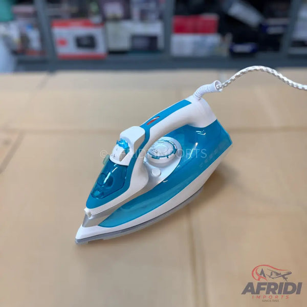 A blue and white steam iron with a temperature control dial and a water reservoir.