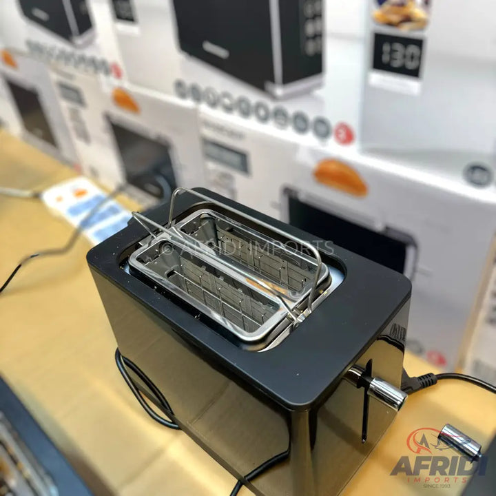Black two-slice toaster with stainless steel slots.