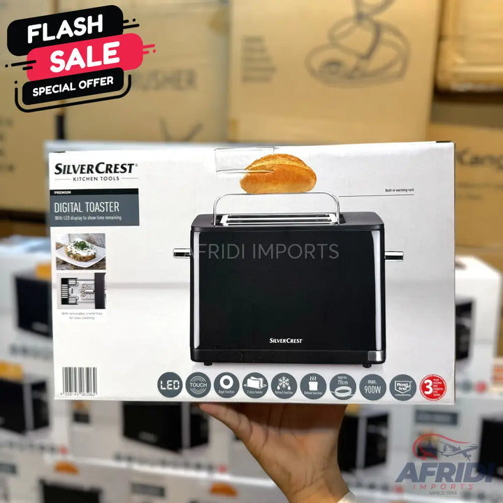 A black SilverCrest digital toaster with a bun warmer rack, featuring LED and touch controls, 900W power, and a 3-year warranty.