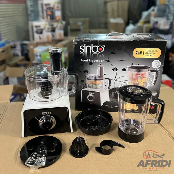 A white and black 7-in-1 food processor with blender and juicer attachments.