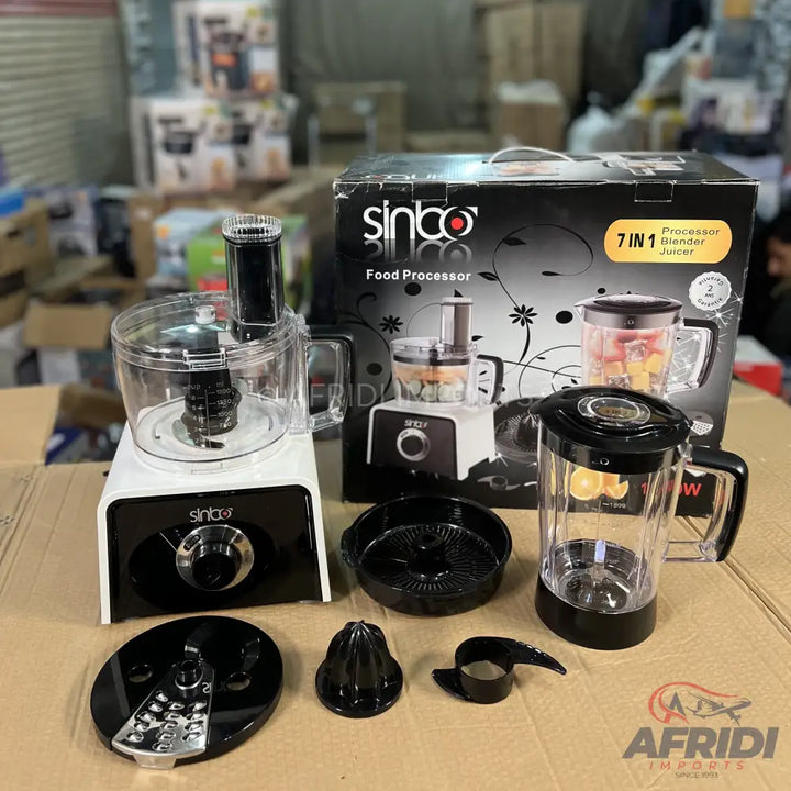 A white and black 7-in-1 food processor with blender and juicer attachments.