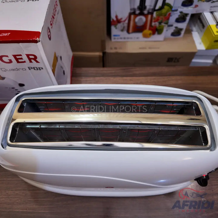 White two-slice toaster with chrome accents.