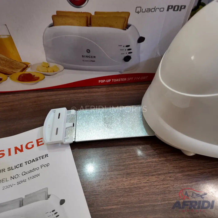 A white, four-slice pop-up toaster with a 1100W power rating.