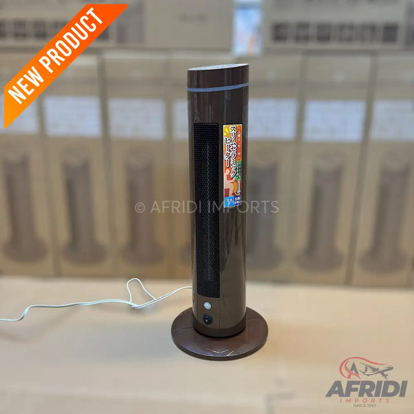 A tall, dark brown, cylindrical tower fan with a flat round base and a power cord.