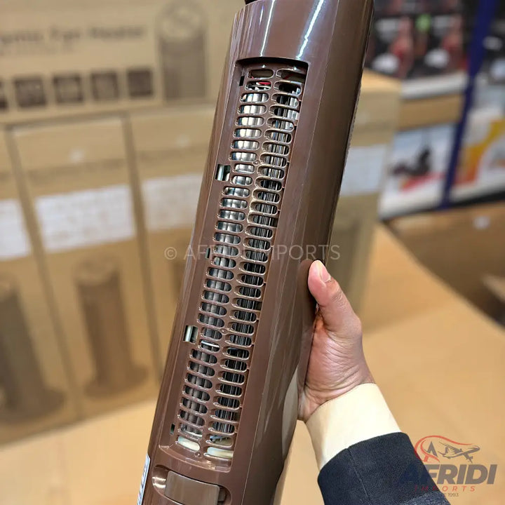 Brown tower fan with a long, narrow grille.