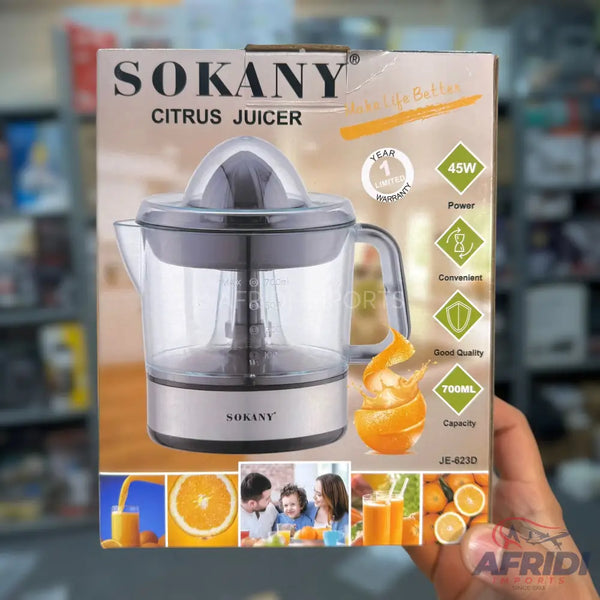 Box for a Sokany citrus juicer with a 45W motor and 700ml capacity.