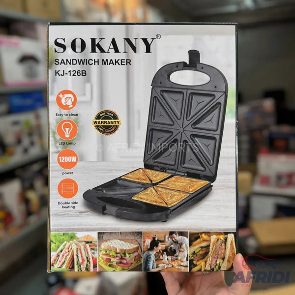 Black electric sandwich maker with non-stick triangular cooking plates.