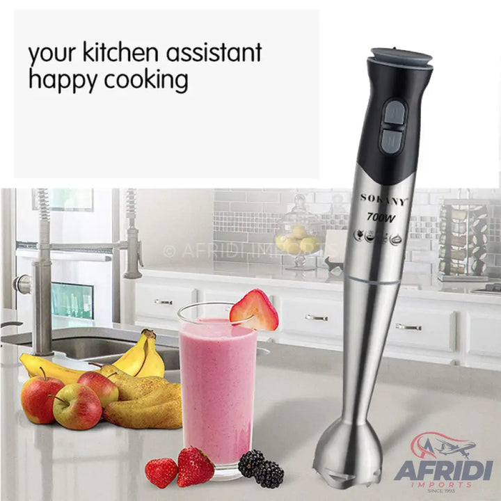 A stainless steel immersion blender with a black handle.