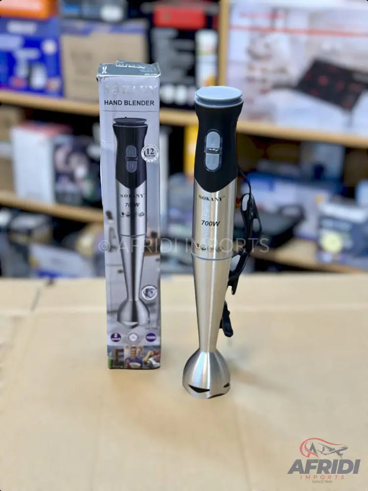 A silver and black hand blender with a 700W motor.