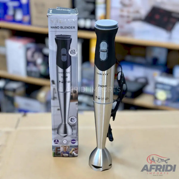 A metallic and black hand blender with a 700W motor.