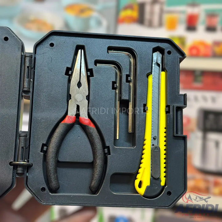 A black plastic toolbox containing pliers, two hex keys, and a yellow utility knife.