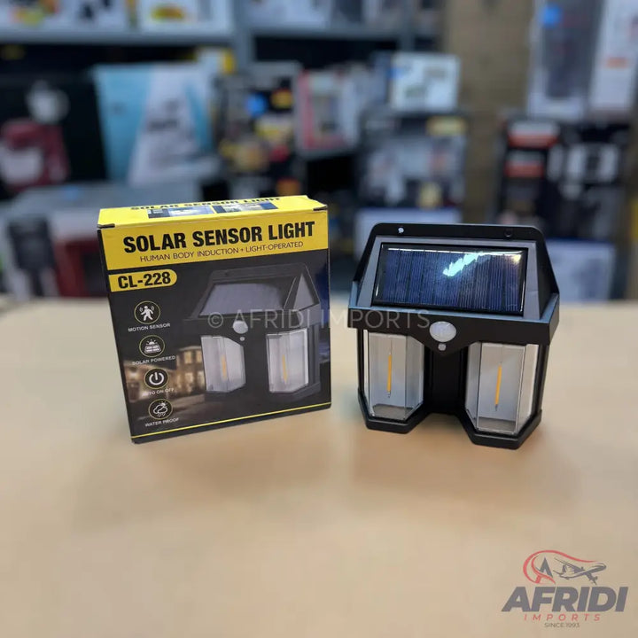 Black solar-powered motion sensor light with two lamp heads.