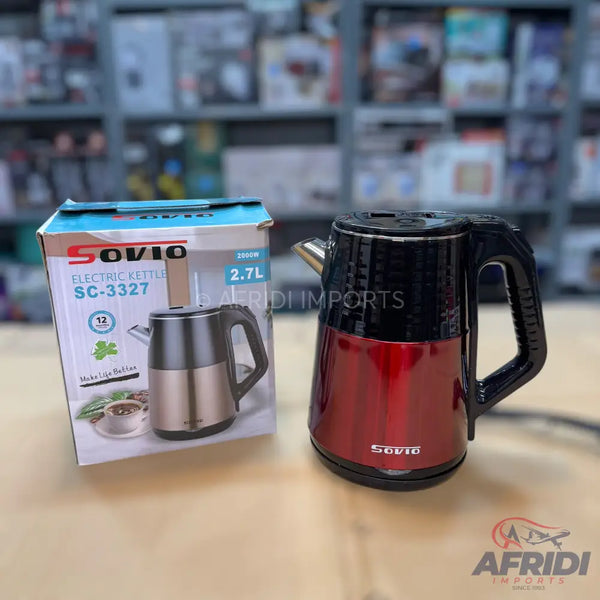 A red and black electric kettle with a 2.7-liter capacity.