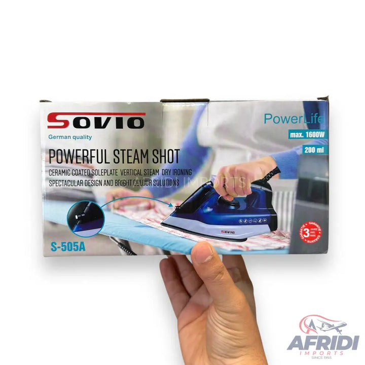 Boxed electric steam iron with a ceramic-coated soleplate, 1600W power, and 200ml water capacity.
