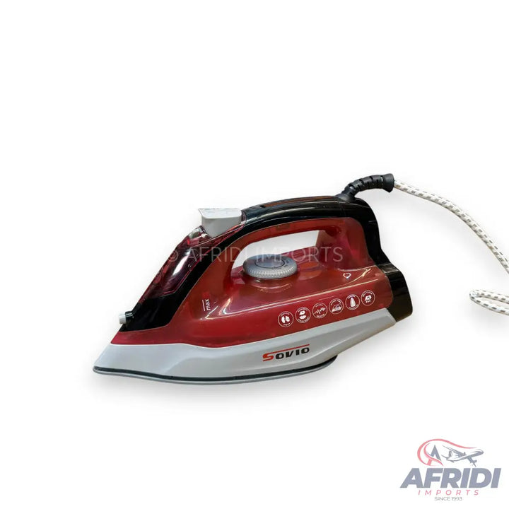 Red and black electric steam iron with a white cord.