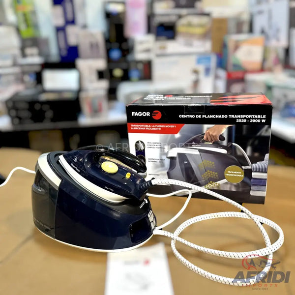 Dark blue steam iron with a water tank and a yellow control knob, accompanied by its original packaging box.