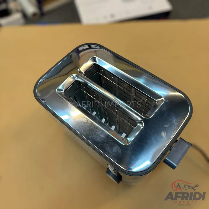 A two-slice stainless steel toaster.