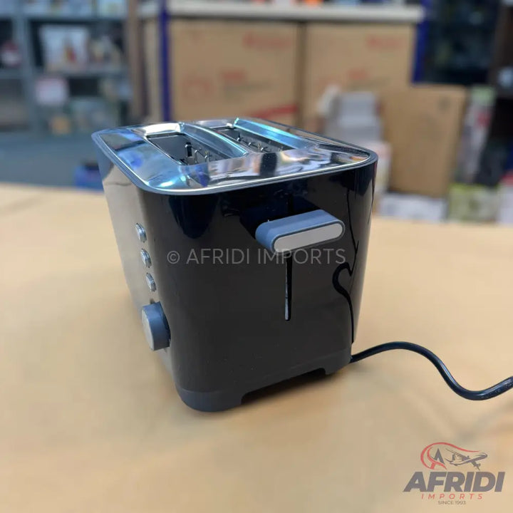 Black two-slice toaster with chrome accents.
