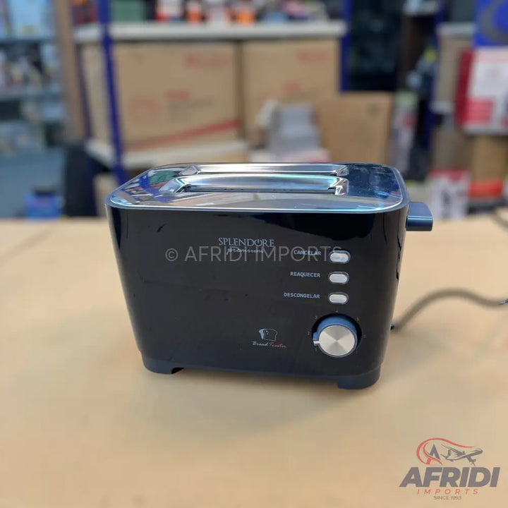 A black two-slice toaster with chrome accents and control buttons.