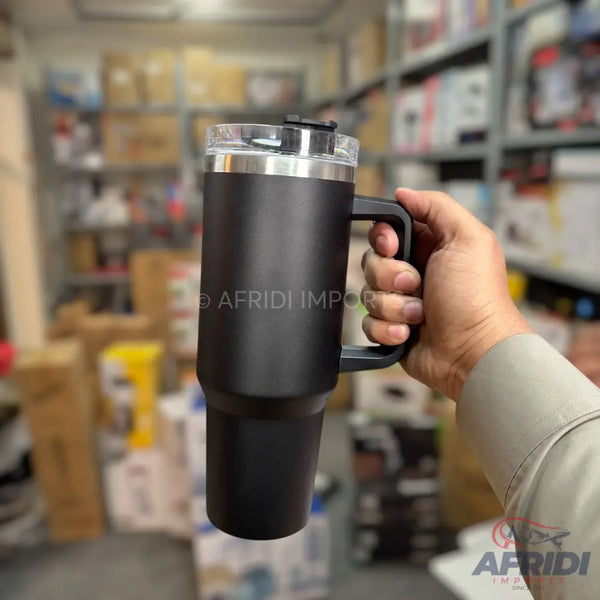 Black insulated mug with a handle and clear lid
