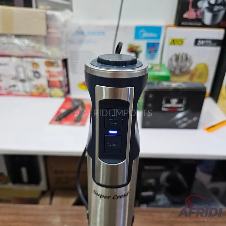A silver and black handheld immersion blender.