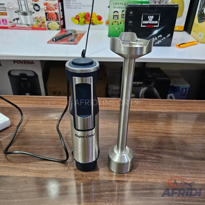 Stainless steel immersion blender with a detachable blending shaft.