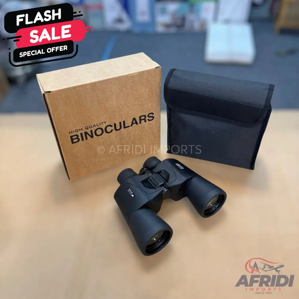 Black binoculars with a brown box and a black carrying case.