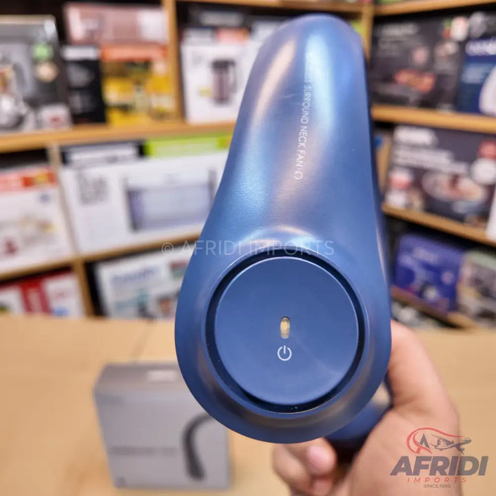 Blue portable neck fan with a power button and an indicator light.