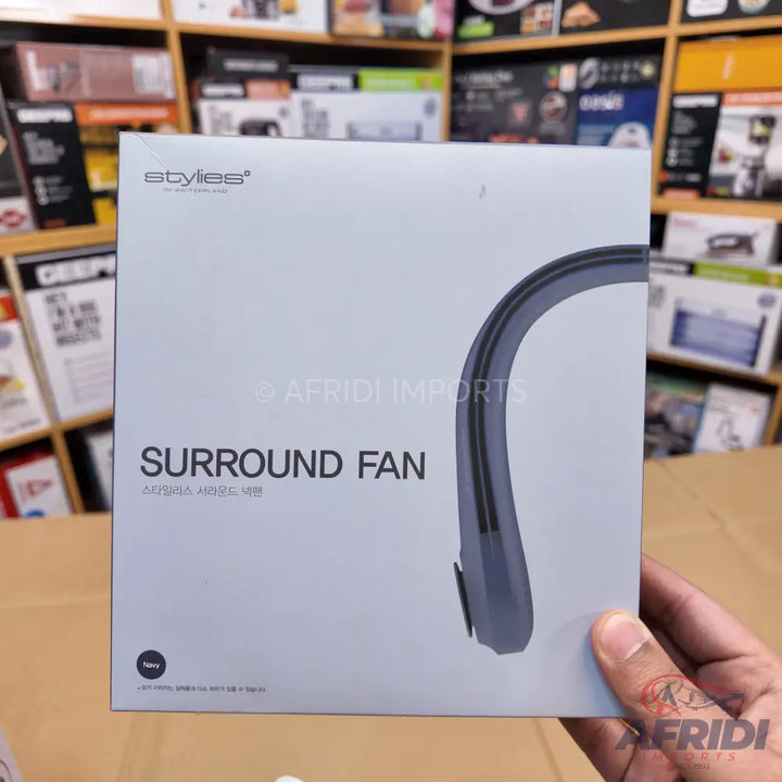 A box for a neck-worn portable fan, featuring a curved, dark gray fan design on the front.