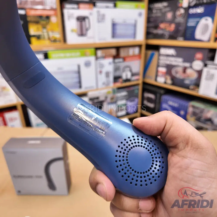 Blue neck fan with a perforated speaker-like grill.