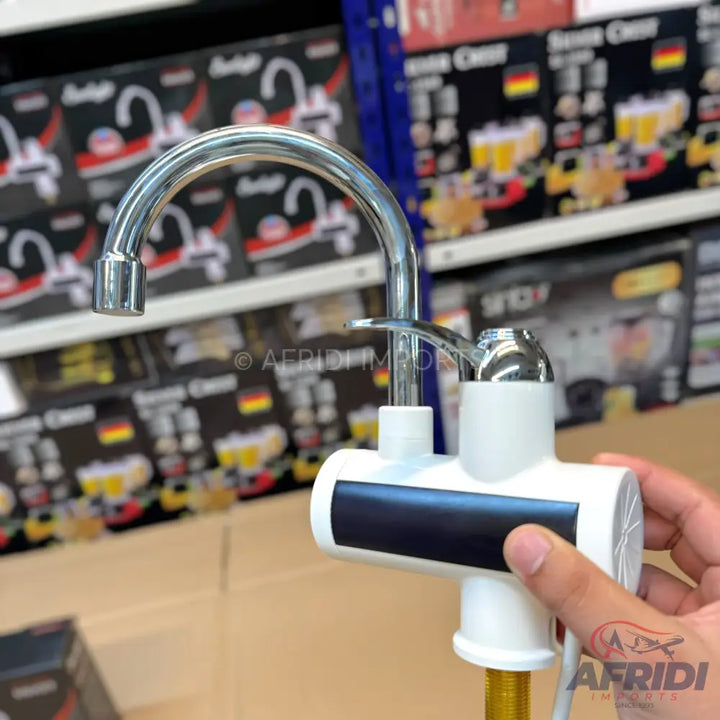 White instant hot water faucet with a chrome gooseneck spout and a black digital display.